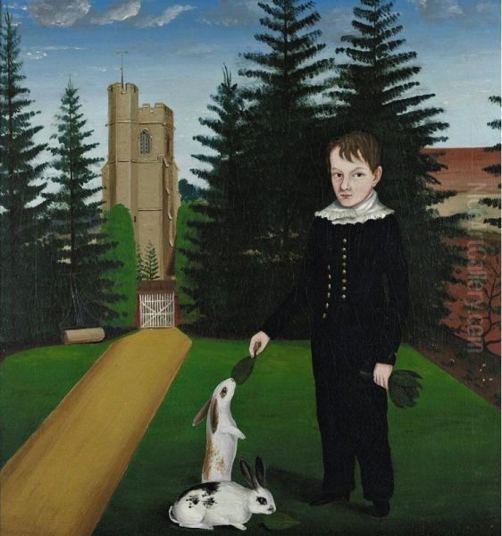 Young Boy Feeding Rabbits Oil Painting by John Bradley