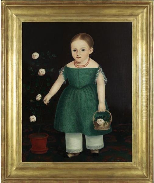 Portrait Of A Young Girl In Green Dress With Pot Of Flowers Oil Painting by John Bradley