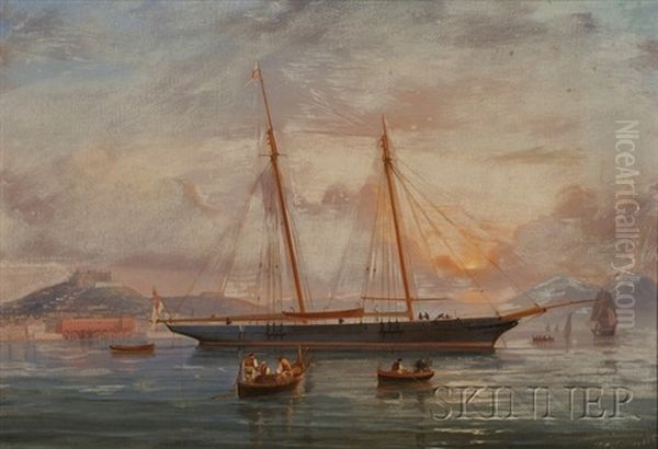 Schooner In The Harbor At Naples Oil Painting by Antonio de Simone