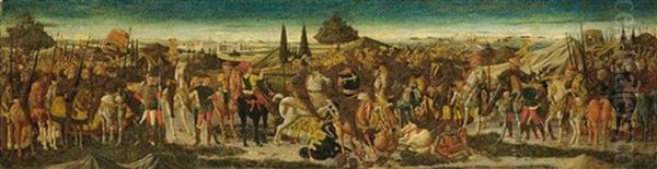 A Battle Scene: A Cassone Front Oil Painting by Giovanni di Ser Giovanni di (lo Scheggia) Simone