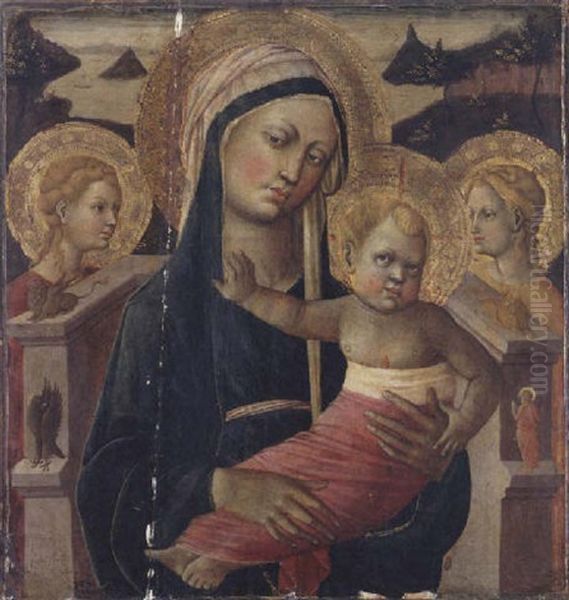 Madonna And Child Enthroned, Flanked By Two Female Saints And The Symbols Of The Four Evangelists by Giovanni di Ser Giovanni di (lo Scheggia) Simone