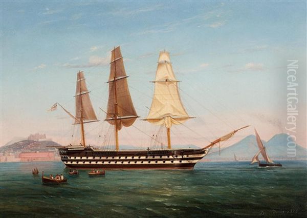 H.m.s Revenge With Her Funnel Down And Drying Her Sails Off The Coast Of Naples by Tommaso de Simone