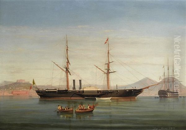 An Italian Corvette In The Bay Of Naples Oil Painting by Tommaso de Simone