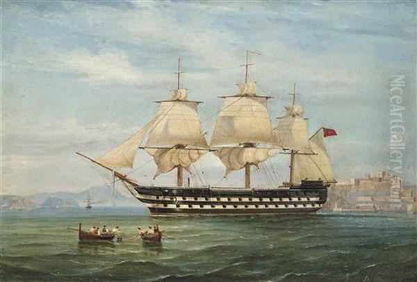 A British Warship Of The Mediterranean Fleet Getting Underway From Her Anchorage Off Naples Oil Painting by Tommaso de Simone