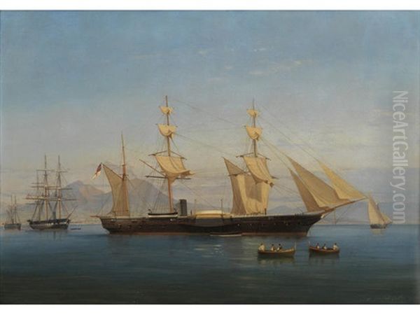 H.m.s. Majicienne In The Bay Of Naples Oil Painting by Tommaso de Simone