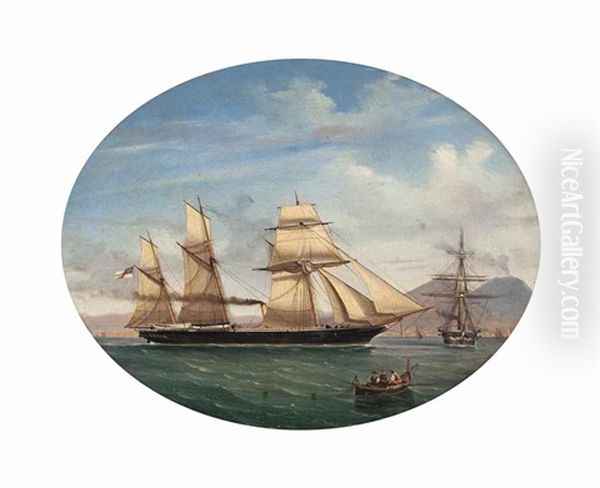 A Royal Navy Steam Frigate Of The Mediterranean Fleet In The Bay Of Naples Oil Painting by Tommaso de Simone