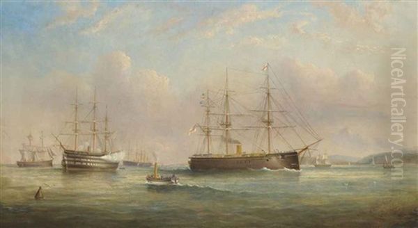 Royal Navy Ships Of The Duke Of Wellington Class Lying At Anchor At Spithead, With One Firing A Salute To Acknowledge The Departure Of An Admiral On Board Oil Painting by Tommaso de Simone