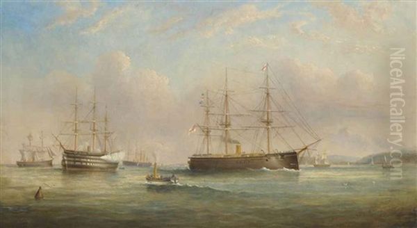 Royal Navy Ships Of The Duke Of Wellington Class Lying At Anchor At Spithead, With One Firing A Salute To Acknowledge The Departure Of An Admiral... Oil Painting by Tommaso de Simone