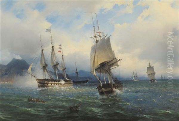 Warships And Other Shipping Off A Coastline Oil Painting by Tommaso de Simone