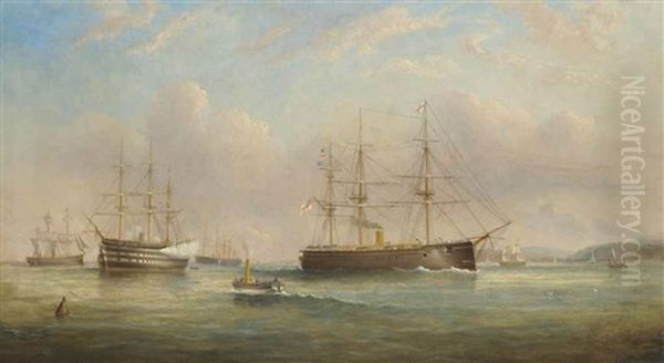 Royal Navy Ships Of The Duke Of Wellington Class Lying At Anchor At Spithead, With One Firing A Salute To Acknowledge The Departure Of An Admiral... Oil Painting by Tommaso de Simone