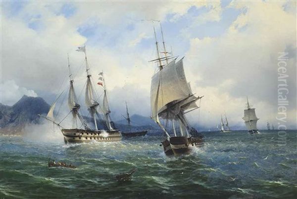 Warships In The Mediterranean Signalling Their Arrival Off Naples Oil Painting by Tommaso de Simone