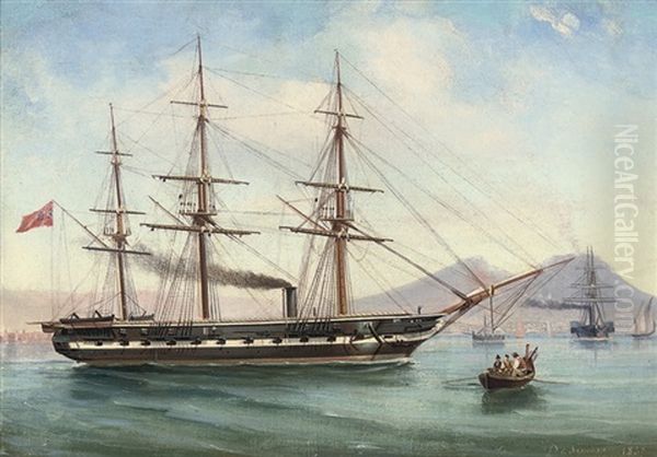 A Steam Frigate Of The Royal Navy Underway In The Bay Of Naples Oil Painting by Tommaso de Simone