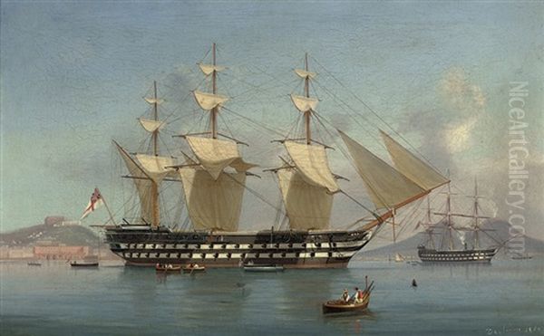 H.m.s. Neptune Funnel Down And Drying Her Sails Off Naples Oil Painting by Tommaso de Simone