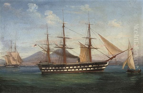 A Royal Navy Steam Two-decker Of The Mediterranean Fleet In The Bay Of Naples Oil Painting by Tommaso de Simone