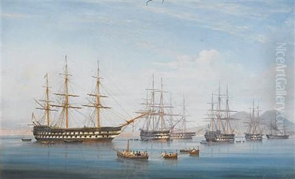 Ships Of The Mediterranean Fleet Lying At Anchor In The Bay Of Naples Oil Painting by Tommaso de Simone