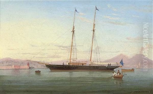 A British Racing Schooner Lying Off Naples Oil Painting by Tommaso de Simone