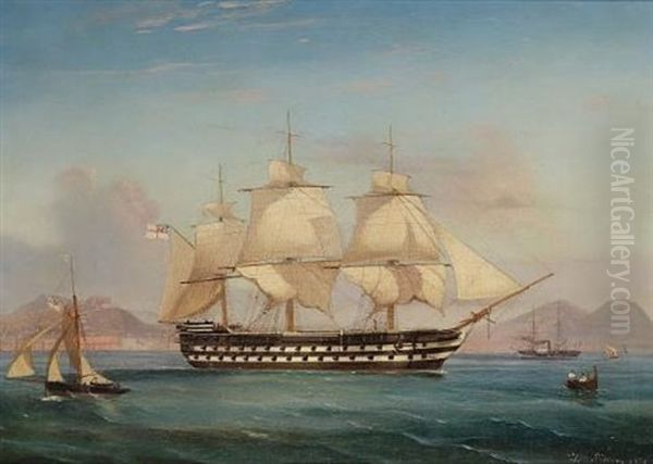 A Two-decker Of The Mediterranean Fleet In Naples Bay, With A French Paddle-steamer Off Her Port Bow Oil Painting by Tommaso de Simone