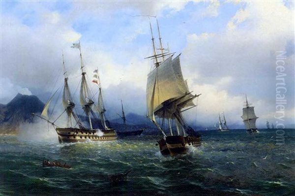 Warships In The Mediterranean Signalling Their Arrival Off Naples Oil Painting by Tommaso de Simone