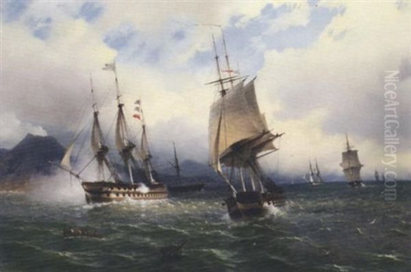 Men-o'war In The Mediterranean Signalling Their Arrival Off Naples Oil Painting by Tommaso de Simone