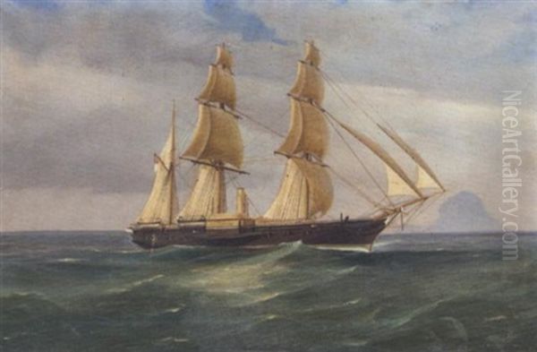 A British Naval Paddle Sail Steam Ship Off Stromboli Oil Painting by Tommaso de Simone