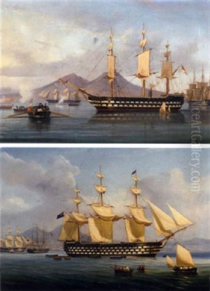 A Squadron Of Ships Of The Royal Navy's Mediterranean Fleet Lying In Naples Bay During A Courtesy Visit To Naples Oil Painting by Tommaso de Simone