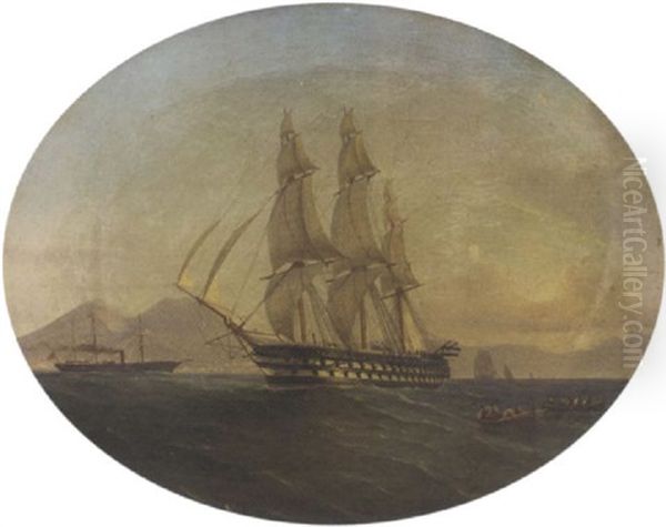 A Royal Naval Two-decker Under Full Sail In The Mediterranean Off Naples Oil Painting by Tommaso de Simone