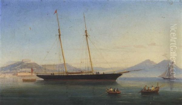 A British Racing Schooner Swinging On Her Anchor In The Bay Of Naples Oil Painting by Tommaso de Simone