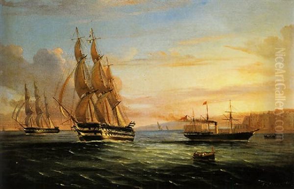 Ships From A British Squadron And Other Craft Underway In The Western Reaches Of The Bay Of Naples Oil Painting by Tommaso de Simone