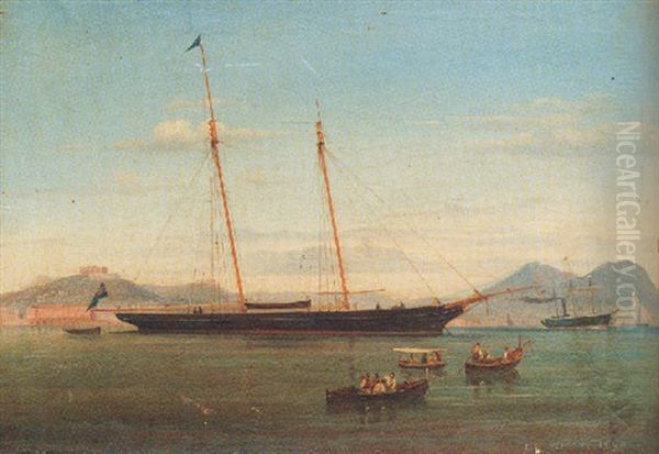 A Schooner Yacht Of The Royal Northern Yacht Club Lying At Anchor In Naples Bay Oil Painting by Tommaso de Simone