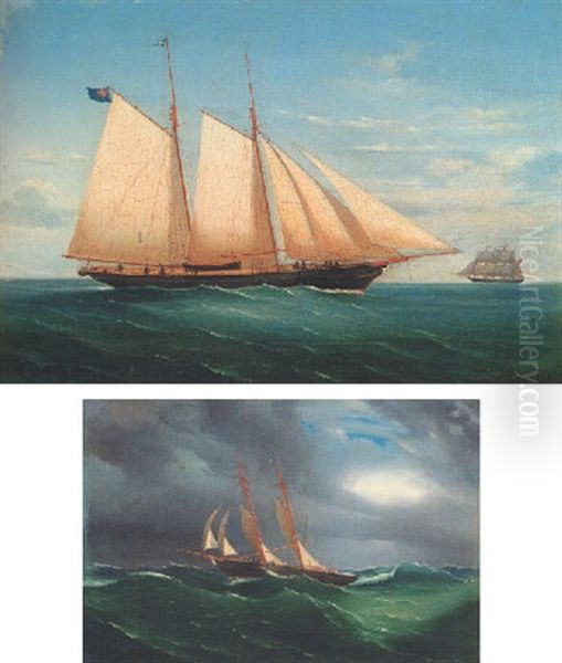 A Schooner Of The Royal Thames Yacht Club At Sea; And A Schooner Of The Royal Thames Yacht Club In A Heavy Swell (2 Works) Oil Painting by Tommaso de Simone