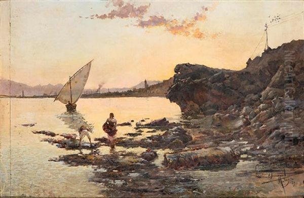 Playa De Malaga Al Atardecer Oil Painting by Enrique Simonet Lombardo