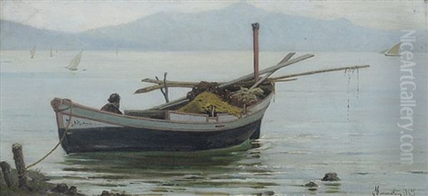 Barca Con Pescatore Oil Painting by Alfonso Simonetti