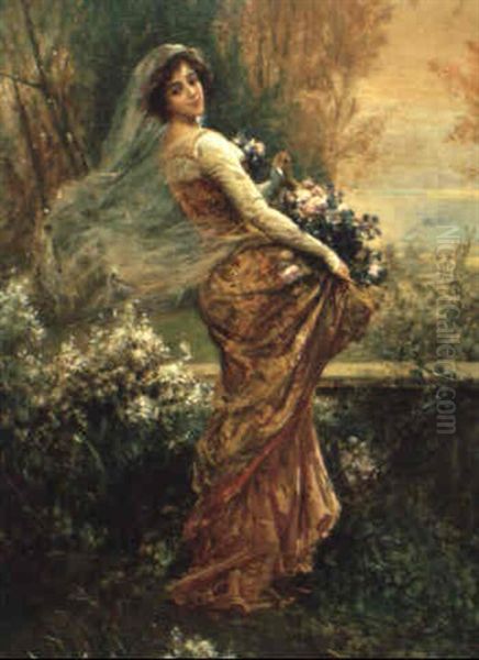 A Young Woman Holding Flowers Oil Painting by Ettore Simonetti