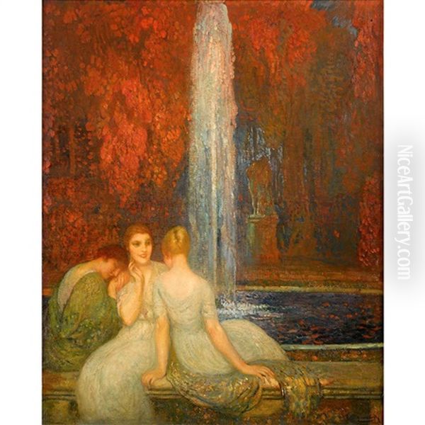 Three Women Before A Fountain Oil Painting by Michel Simonidy