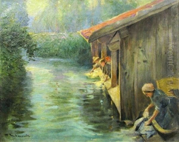 Washing The Laundry At The River Oil Painting by Michel Simonidy