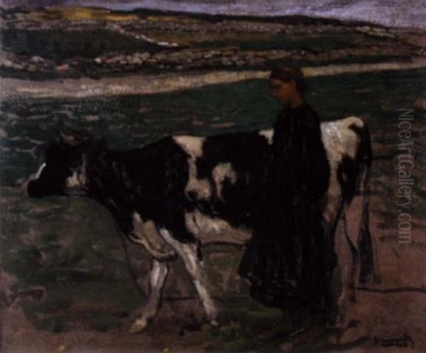 Fille De Pecheur A Quiberon Gardant Une Vache Oil Painting by Michel Simonidy