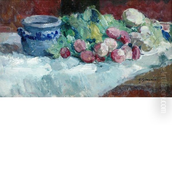 Still Life Of Radishes On A Table Top Oil Painting by Victor Simonin