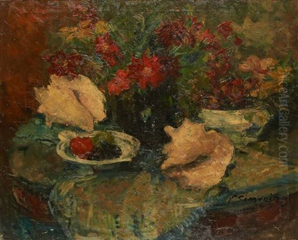 Gueridon Garni De Fleurs, Fruits Et Fruits De Mer Oil Painting by Victor Simonin