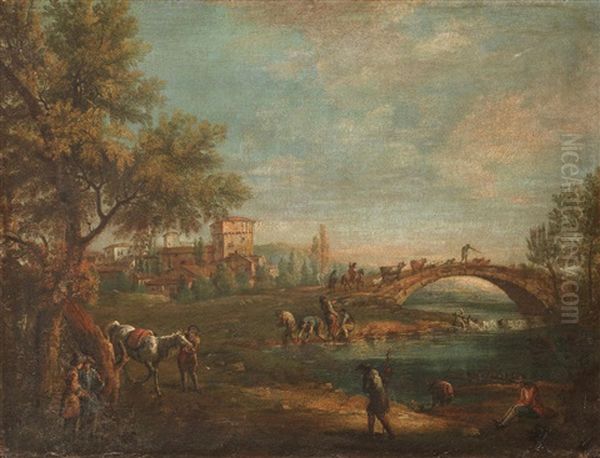 A River Landscape With Figures On The Banks, A Drover And His Flock Crossing A Bridge Beyond Oil Painting by Francesco Simonini