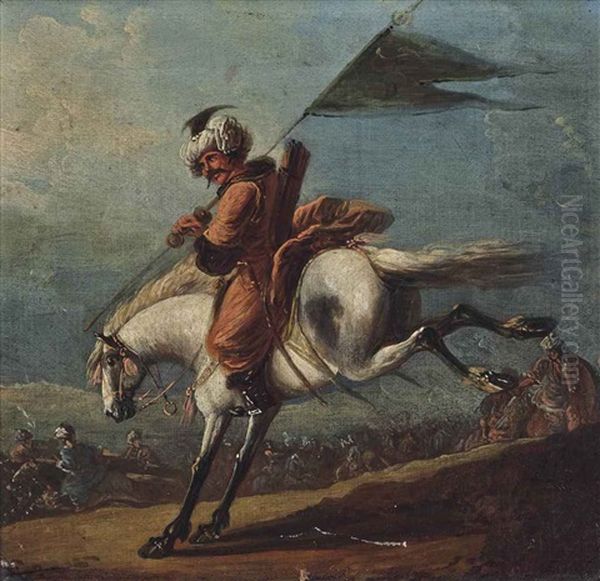 A Turkish Soldier On Horseback, Holding A Sword, A Battle Beyond; And A Turkish Soldier On Horseback, Holding A Flag, A Battle Beyond (pair) Oil Painting by Francesco Simonini