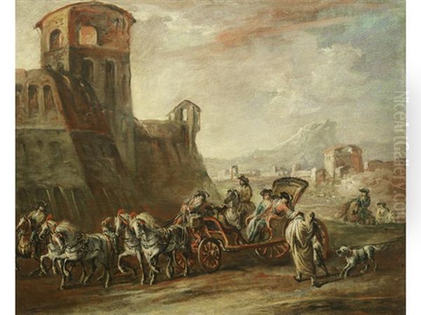 Elegant Figures In A Carriage Giving Alms To Peasants By A Castle, In An Open Landscape Oil Painting by Francesco Simonini