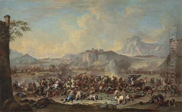 An Extensive Mountainous Landscape With A Battle Scene Oil Painting by Francesco Simonini