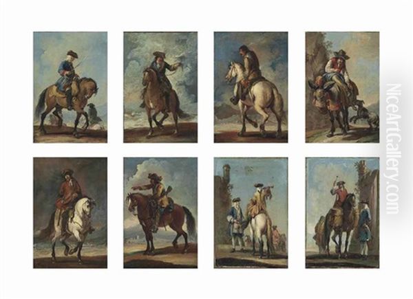 Individual Military Figures On Horseback, One On A Mule, Two Being Attended By Other Figures, Before Ruins (set Of 8) Oil Painting by Francesco Simonini