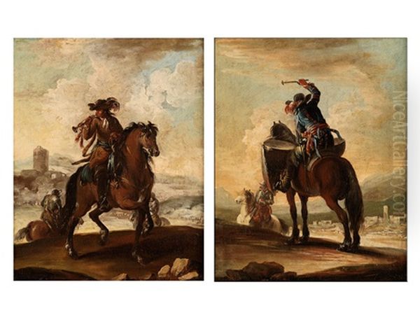 Gemaldepaar: Heerestrommler Zu Pferde (+ Heerestrompeter Zu Pferde; Pair) Oil Painting by Francesco Simonini