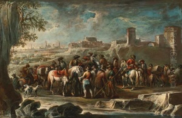 Soldiers In A Landscape Oil Painting by Francesco Simonini