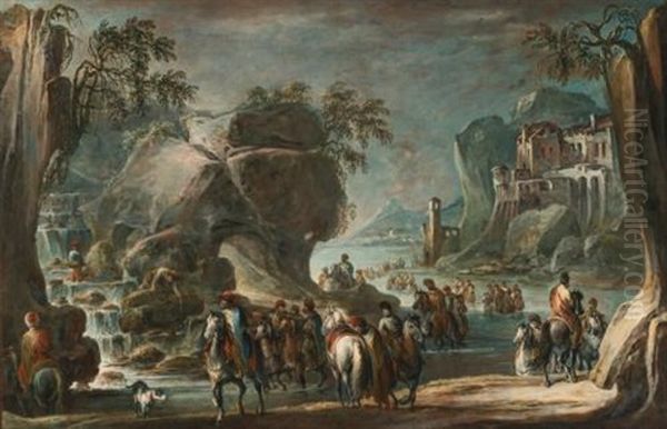 Soldiers Crossing A River Oil Painting by Francesco Simonini