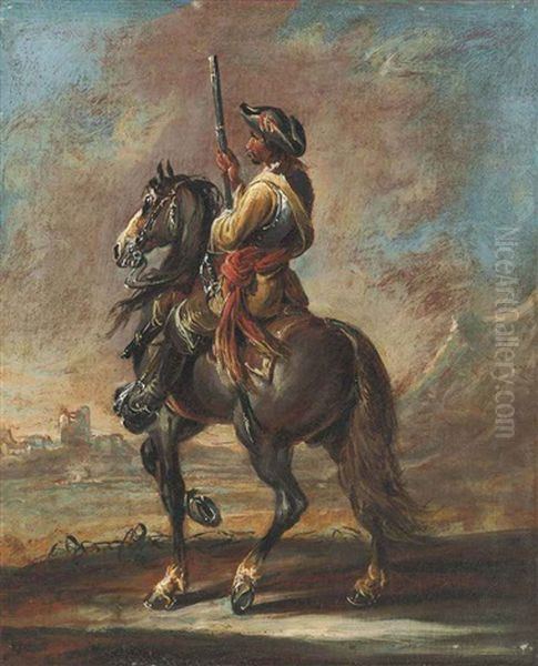 A Soldier On Horseback, A Mountainous Landscape With A Fortress Beyond by Francesco Simonini