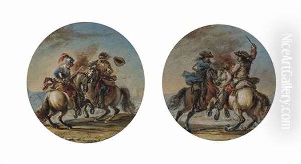 A Cavalry Skirmish And A Cavalry Skirmish (a Pair) Oil Painting by Francesco Simonini