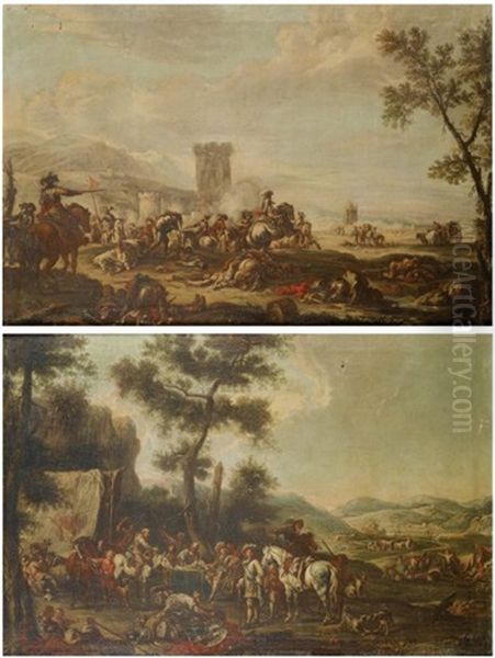 Scene De Batailles (+ Le Repos Des Militaires; Pair) Oil Painting by Francesco Simonini