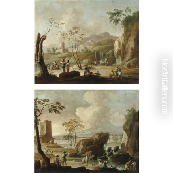 Paesaggi Con Viandanti E Pescatori Presso Un Fiume (2 Works) Oil Painting by Francesco Simonini